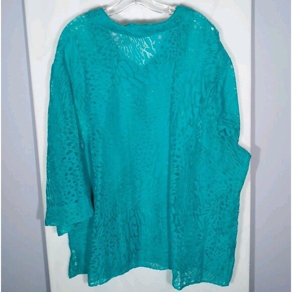 White Stag Women’s Top Plus Sz 30W/32W Teal Sheer Button Up Animal Print Slits - Picture 5 of 7